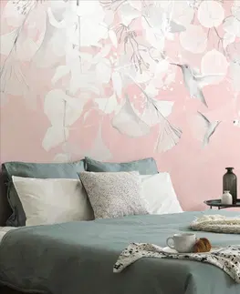 Samolepiace tapety Samolepiaca tapeta listy s kolibríkmi v ružovo-šedom
