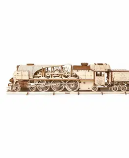Drevené hračky Ugears 3D drevené mechanické puzzle V-Express parná lokomotíva 4-6-2 s tendrom