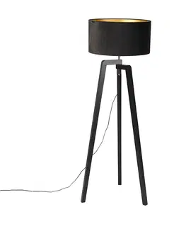Stojace lampy Stojací lampa statív čierne drevo s čiernym tienidlom 50 cm - Puros