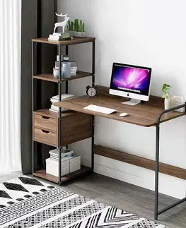 Písacie stoly OFFICE PC stolík s regálom, orech/čierna
