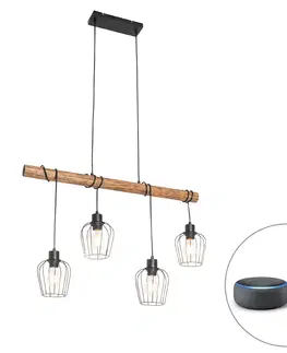 Zavesne lampy Inteligentná závesná lampa čierna s drevom vrátane 4 ks Wifi A60 - Stunk