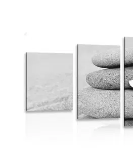 Čiernobiele obrazy 5-dielny obraz kvet a kamene v piesku v čiernobielom prevedení