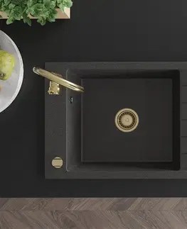 Kuchynské drezy MEXEN/S MEXEN/S - Elias granitový drez 1-miska s odkvapkávačom 795 x 480 mm, čierny kropenatý, zlatý sifón 6511791005-76-G