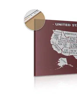 Obrazy na korku Obraz na korku náučná mapa USA s bordovým pozadím