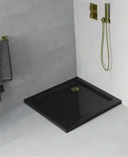 Vane MEXEN/S - Flat sprchová vanička štvorcová slim 90 x 90, černá + zlatý sifón 40709090G