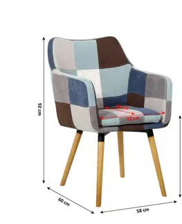 Stoličky Kreslo, modrá/béžová vzor patchwork/buk, LANDOR