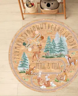 Korkové koberce Detský kruhový koberec z korku - Srnky a zajačiky v lese