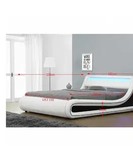 Postele Manželská posteľ s RGB LED osvetlením, biela/čierna, 160x200, MANILA NEW