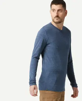 mikiny Pánske trekingové tričko Travel 500 s dlhým rukávom z vlny merino modré