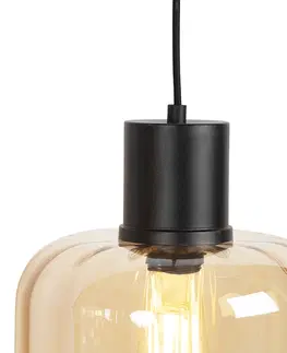 Zavesne lampy Dizajnové závesné svietidlo čierne s jantárovým sklom 3-svetlé 161,5 cm - Qara
