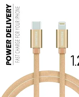 USB káble Dátový kábel Swissten textilný s USB-C, Lightning konektormi a podporou rýchlonabíjania, zlatý 71525204