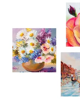 Zostavy obrazov Set obrazov romantické Benátky s kvetmi