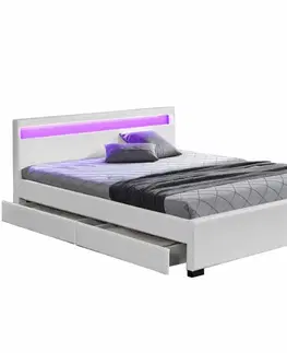 Postele Manželská posteľ, RGB LED osvetlenie, biela ekokoža, 180x200, CLARETA
