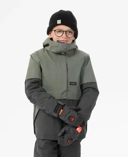 bundy a vesty Chlapčenská snowboardová bunda SNB 500 dlhá a veľmi odolná kaki