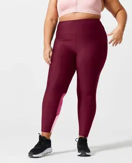 nohavice Dámske legíny 120 na fitnes s vreckom väčšie veľkosti fialovo-ružové