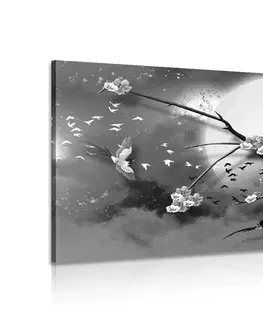 Čiernobiele obrazy Obraz konáre stromu za splnu mesiaca v čiernobielom prevedení