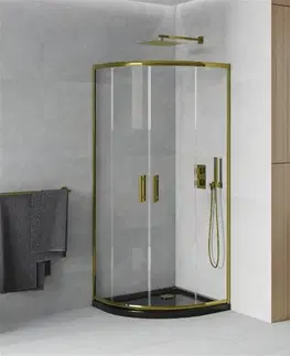 Vane MEXEN/S - Apia sprchovací kút štvrťkruh 90x90, transparent, zlatá + čierna vanička so sifónom 863-090-090-50-00-4170G