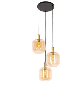 Zavesne lampy Dizajnové závesné svietidlo čierne s mosadzou a jantárovým sklom 3 svetiel - Zuzanna
