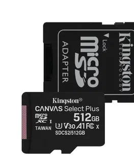 Pamäťové karty Kingston Canvas SeIect Plus Micro SDXC 512 GB , SD adaptér, UHS-I A1, Class 10 - rýchlosť 100/85 MB/s