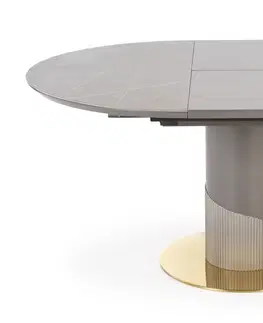 Jedálenské stoly HALMAR Muscat okrúhly rozkladací jedálenský stôl sivý mramor / svetlosivá / zlatá