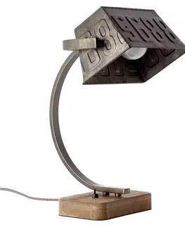 Stolové lampy Brilliant Kovová stolná lampa Drake s dreveným podstavcom