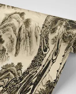 Čiernobiele tapety Tapeta čínska sépiová krajinomaľba