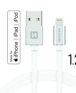 USB káble Dátový kábel Swissten textilný s certifikáciou MFI, Lightning konektorom a podporou rýchlonabíjania, strieborný 71524203