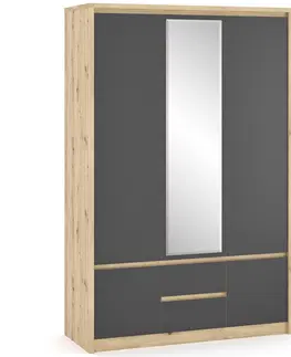 Šatníkové skrine NABBI Daicos W-3D2DRWS trojdverová šatníková skriňa so zrkadlom dub artisan / sivá