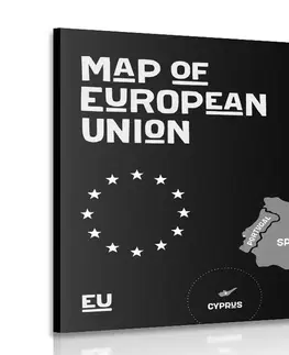 Obrazy mapy Obraz náučná mapa s názvami krajín európskej únie v čiernobielom prevedení