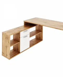 Písacie a pracovné stoly KONDELA Noe New rohový písací stolík dub wotan / biela