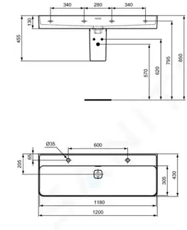 Kúpeľňa IDEAL STANDARD - Strada II Umývadlo, 1200x430 mm, s prepadom, 2 otvory na batériu, s Ideal Plus, biela T3595MA