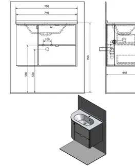 Kúpeľňa SAPHO - PULSE umývadlová skrinka 75x52x45 cm, pravá, biela/antracit PU076-3034