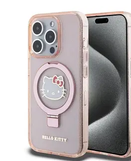 Puzdrá na mobilné telefóny Zadný kryt Hello Kitty IML Ringstand Glitter Kitty Head Logo MagSafe pre Apple iPhone 15 Pro, ružové 57983116927