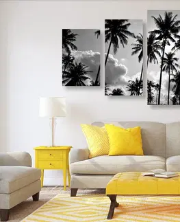 Čiernobiele obrazy 5-dielny obraz kokosové palmy na pláži v čiernobielom prevedení
