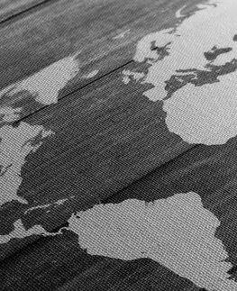 Obrazy mapy Obraz čiernobiela mapa sveta s dreveným pozadím