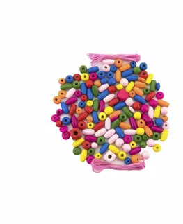 Drevené hračky Teddies Korálky drevené farebné s gumičkami, cca 900 ks, v plastovej dóze 9 x 13,5 cm