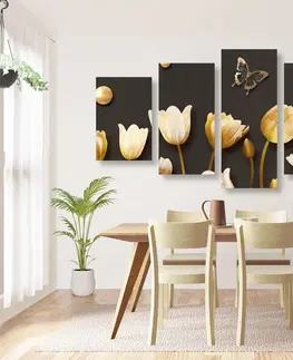 Obrazy kvetov 5-dielny obraz tulipány so zlatým motívom