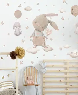 Nálepky na stenu Samolepky pre deti - Zajkovia s hviezdičkami, balónmi a menom