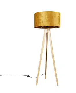 Stojace lampy Stojacia lampa drevená s látkovým tienidlom zlatá 50 cm - Statív Classic