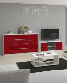 TV stolíky Moderný TV stolík ROMANA120, biely / červený lesk