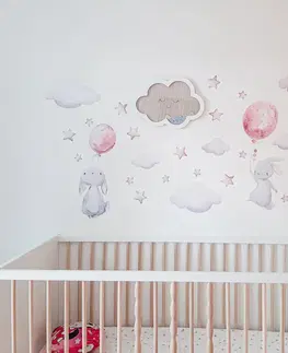 Nálepky na stenu Nálepka na stenu - Akvarelový zajačik a malé zajačiky s balónmi