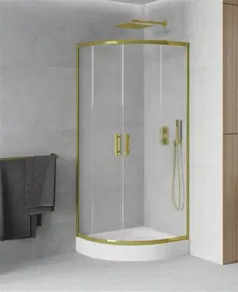 Vane MEXEN/S - Rio sprchovací kút štvrťkruh 90 x 90, dekor, zlato + vanička Rio vrátane výpuste 863-090-090-50-30-4710