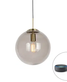 Zavesne lampy Inteligentné závesné svietidlo mosadzné s dymovým sklom 30 cm vrátane Wifi ST64 - Guľa