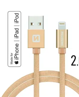USB káble Dátový kábel Swissten textilný s certifikáciou MFI, Lightning konektorom a podporou rýchlonabíjania, zlatý 71524304