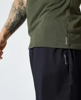 fitnes Pánske priedušné tričko na crossfit slim s okrúhlym výstrihom kaki