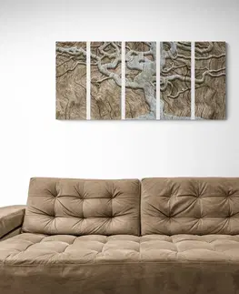 Obrazy stromy a listy 5-dielny obraz abstraktný strom na dreve v béžovom prevedení