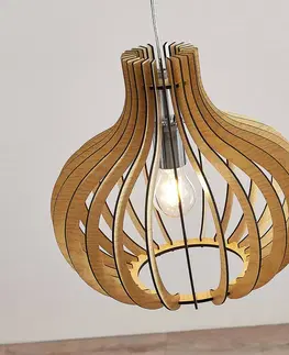 Závesné svietidlá Lindby Balónovitá drevená závesná lampa Sina, svetlá