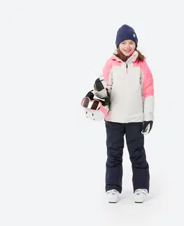 bundy a vesty Detská lyžiarska hrejivá a nepremokavá bunda 900 bielo-ružová