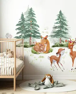 Nálepky na stenu Textilná a prelepiteľná nálepka - Srnčia rodinka v lese - nálepky na stenu