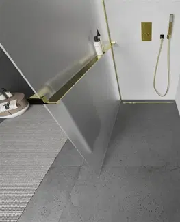 Sprchové dvere MEXEN/S - KIOTO Sprchová zástena WALK-IN s poličkou a držiakom uterákov 90 x 200 cm, matné sklo 8 mm, zlatá 800-090-121-50-30